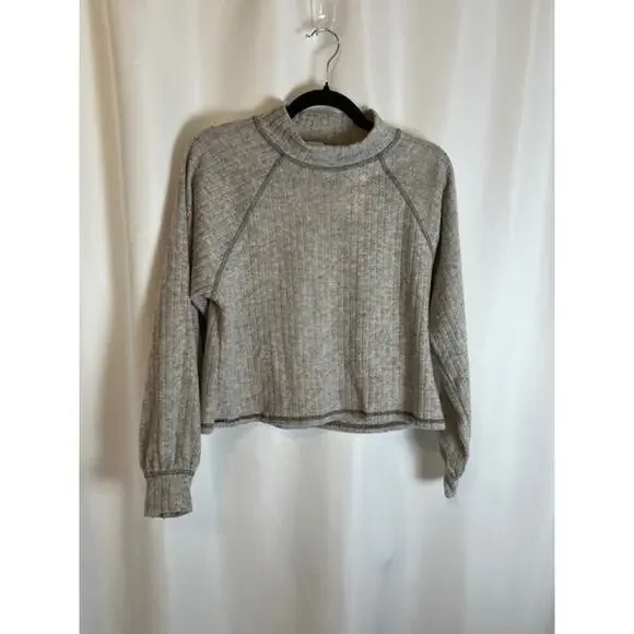 Lush Mockneck Cropped Ribbed Long Sleeve Sweater Plush Heather Grey Size XSmall - Picture 2 of 7